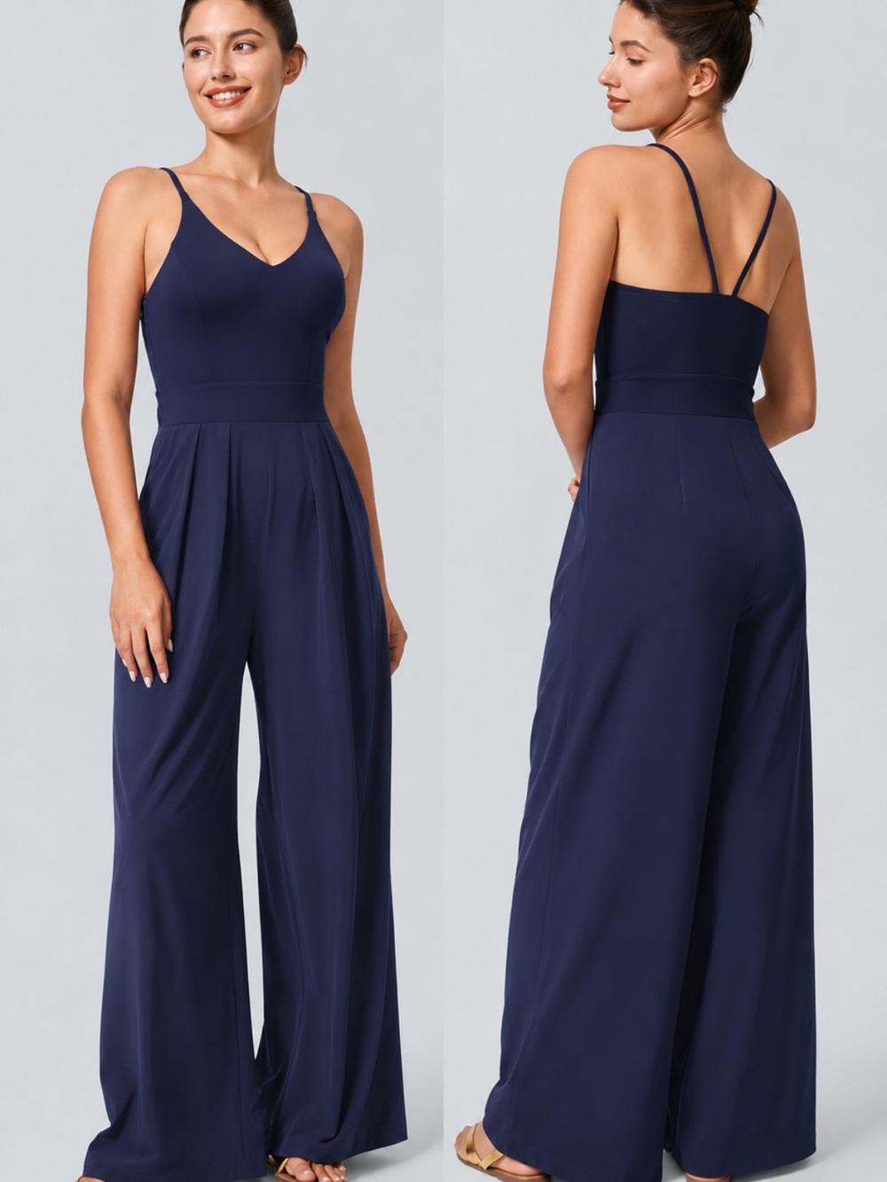 HALARA Navy Blue Wide-Leg Jumpsuit with Spaghetti Straps - Picture 1 of 16